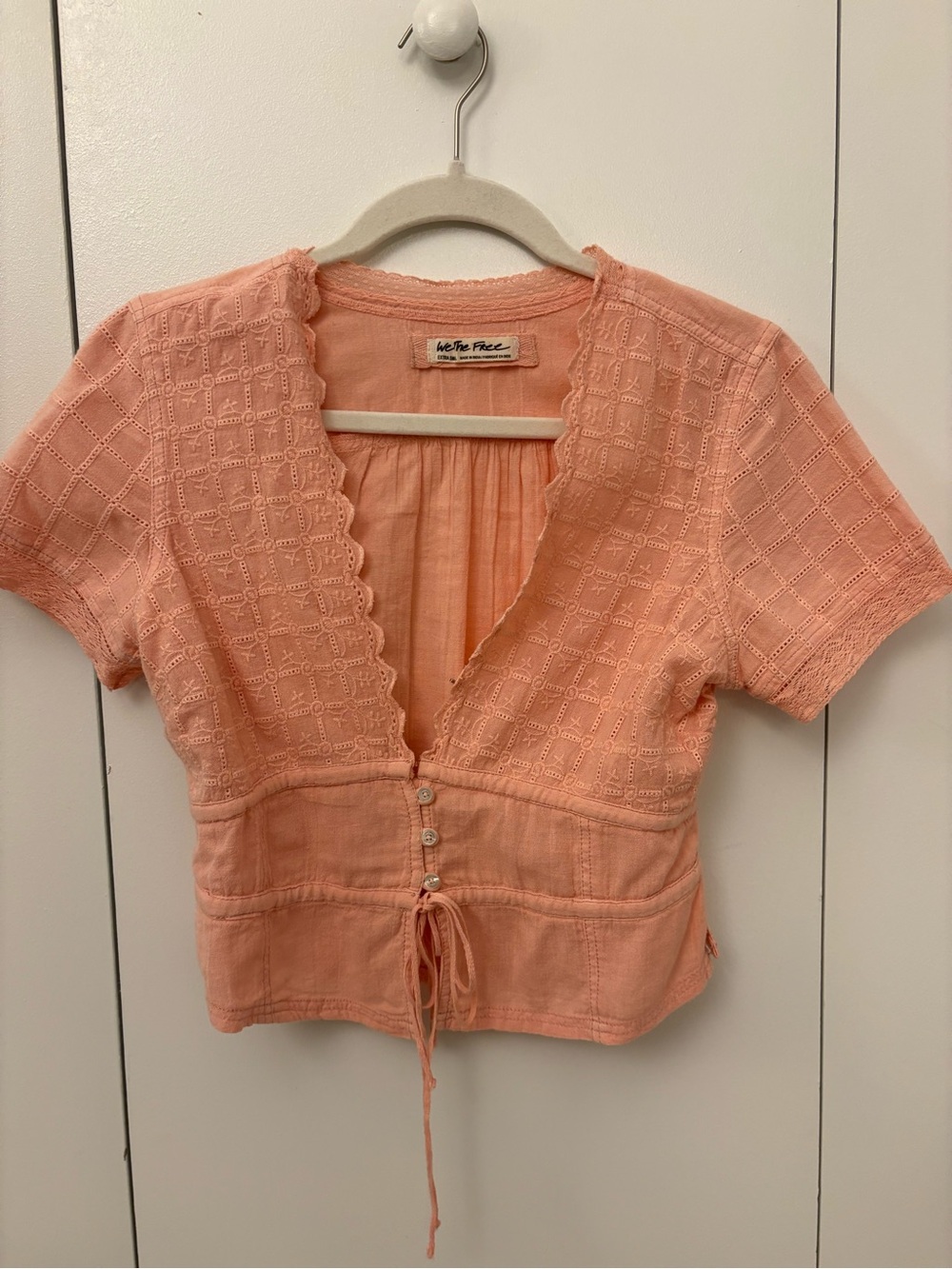 Free People Peach Crochet-Trim Button Crop Blouse